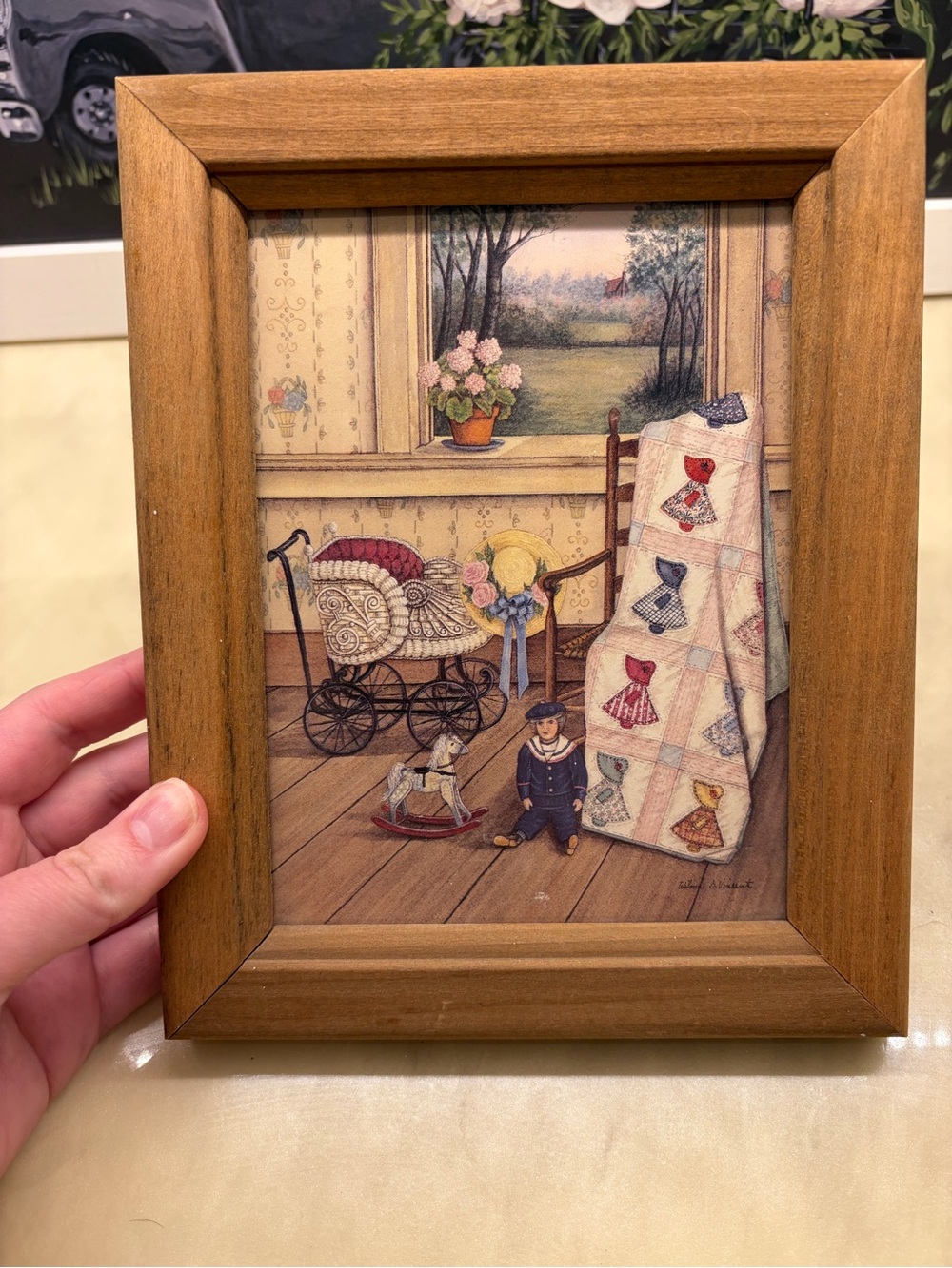 Wilma D. Vincent Framed Nursery Print Baby Carriage Quilt Portrait 8x6- Country